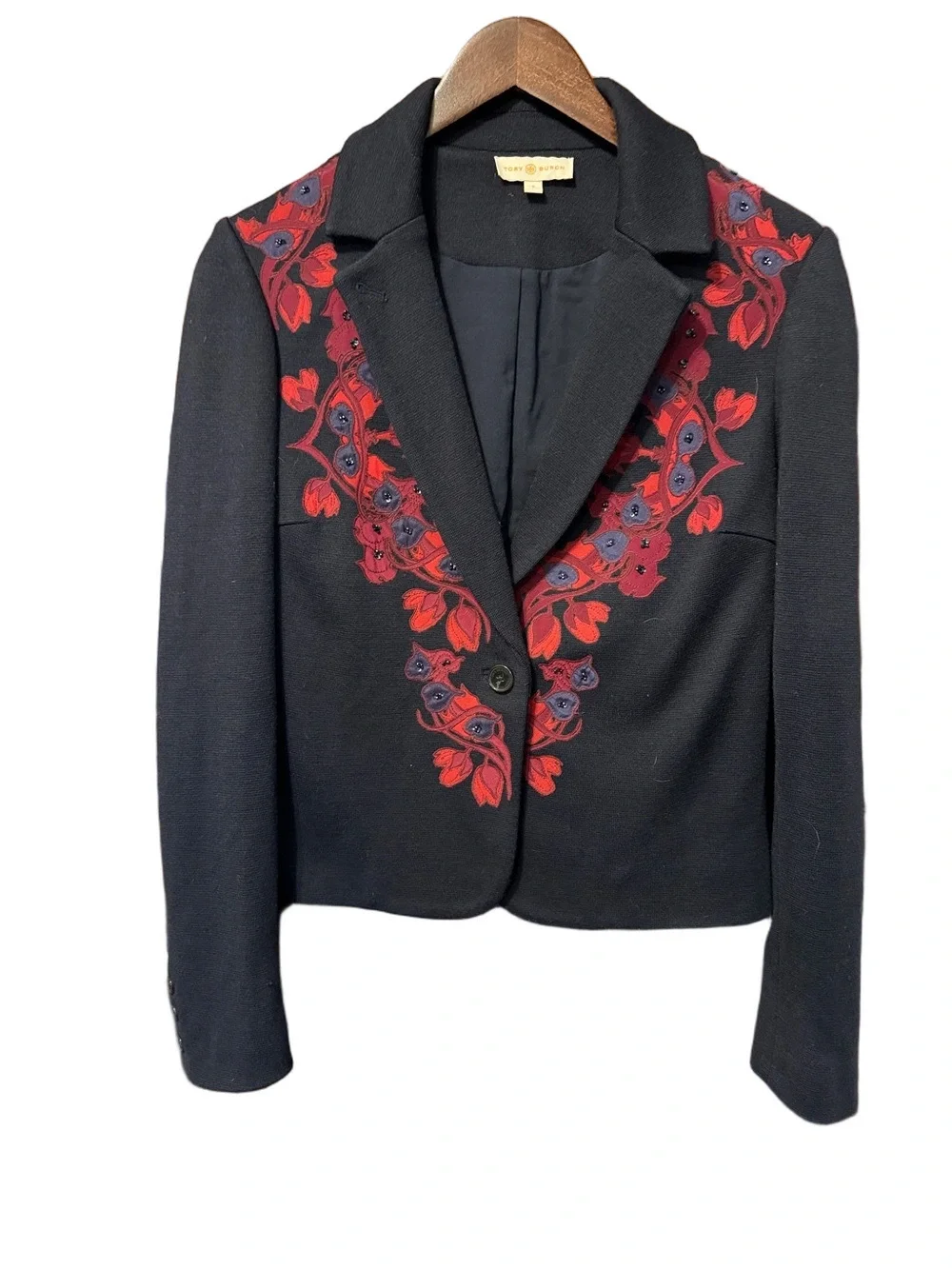 Tory Burch Lisanne Women's Black Blazer Jacket with Red Floral Embroidery Size S